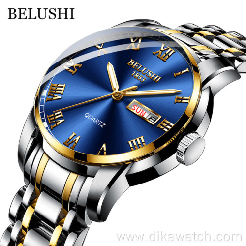 BELUSHI 556 Top Brand Men Watch Stainless Steel Business Date Waterproof Luminous Watches Mens Luxury Sport Quartz WristWatch